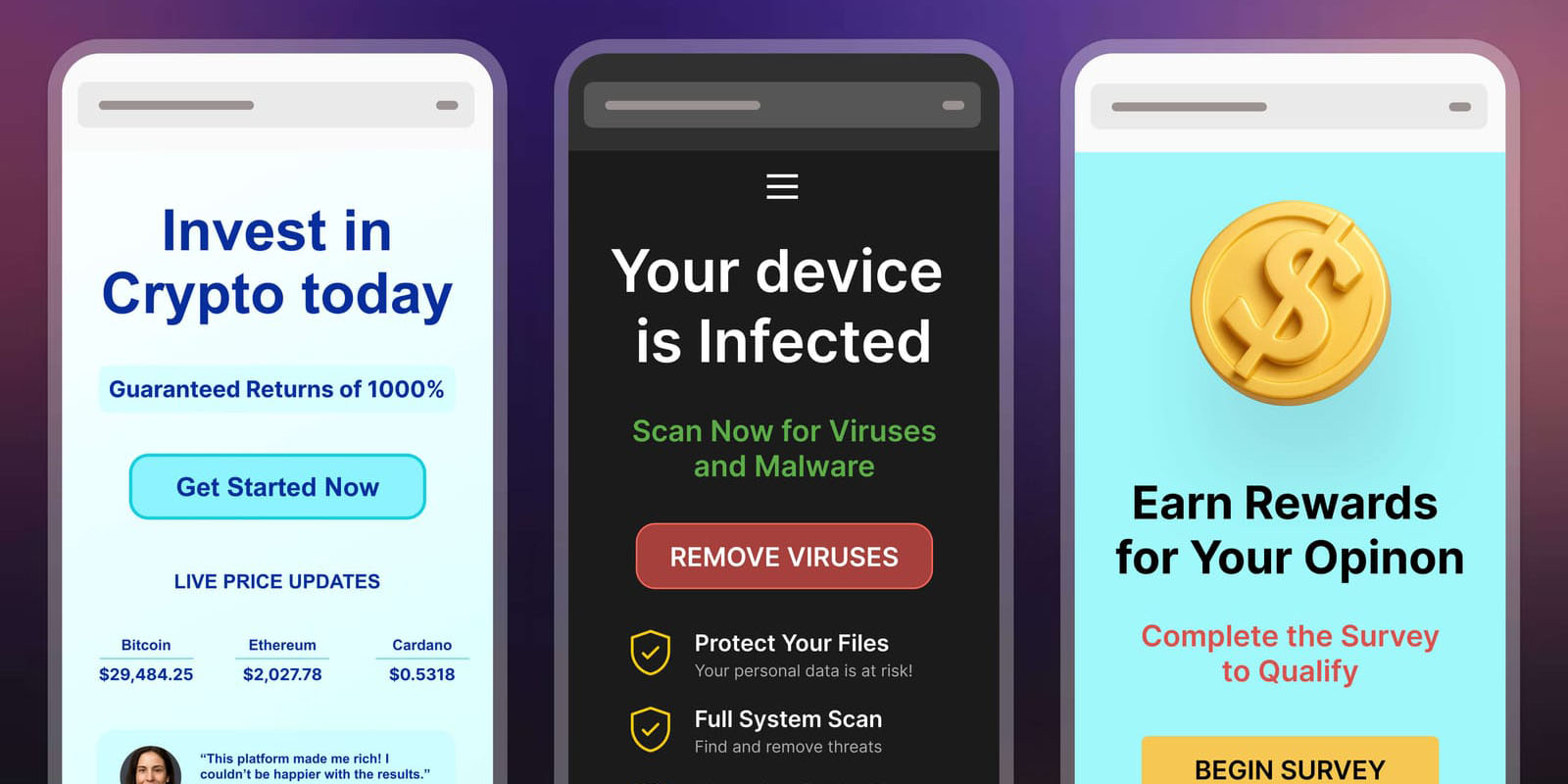 DuckDuckGo scam blocker detects fake stores, crypto sites, fake virus alerts, more | Examples of scam alerts