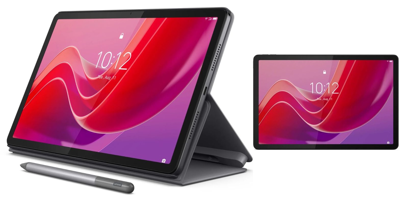 A tablet and stylus next to each other.