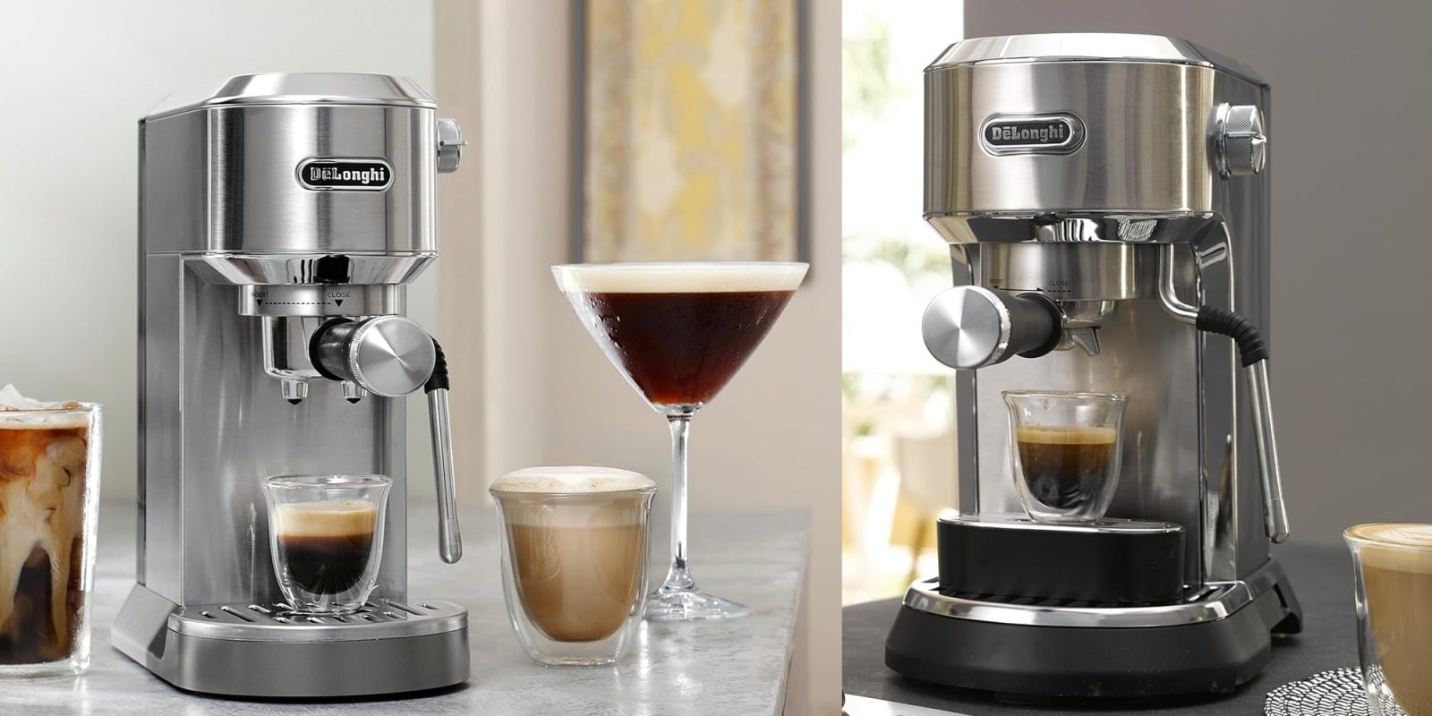 A coffee machine and a glass of liquid