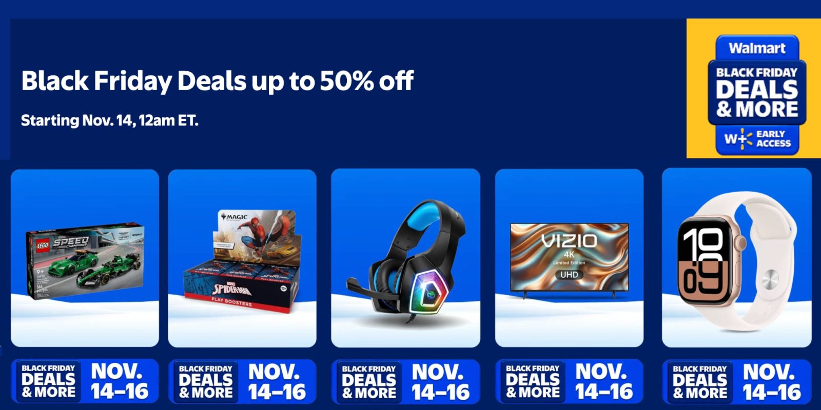 A blue and white advertisement with a variety of electronics