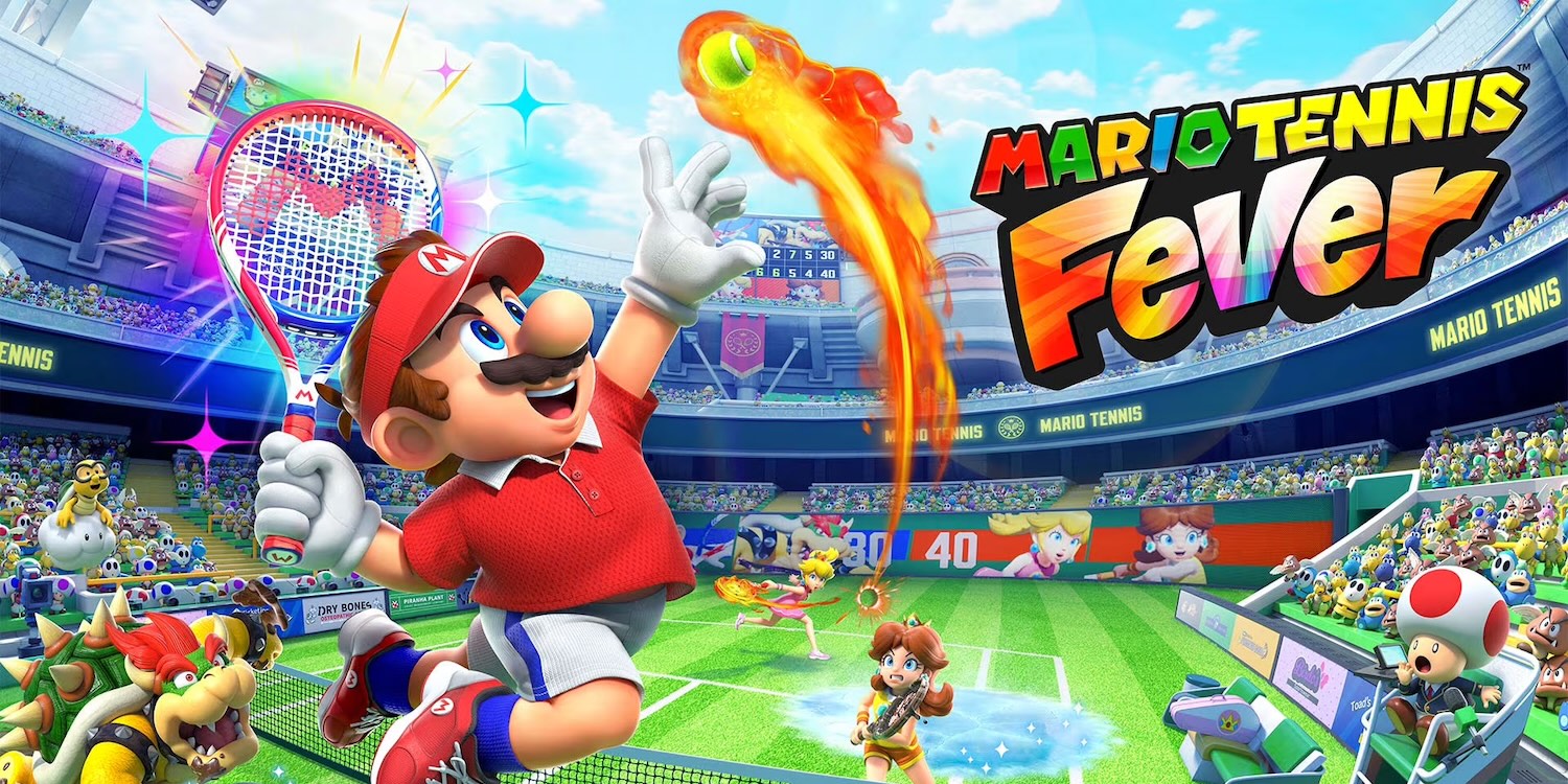 A video game screen with a cartoon character hitting a tennis ball