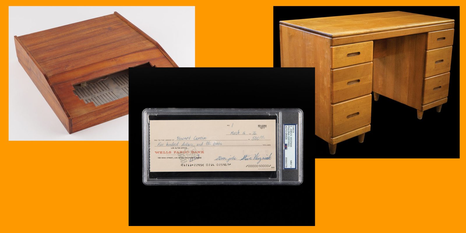 Steve Jobs memorabilia auction includes his desk, bow ties, and much more | Photo collage shows Apple 1 wooden case, check and desk