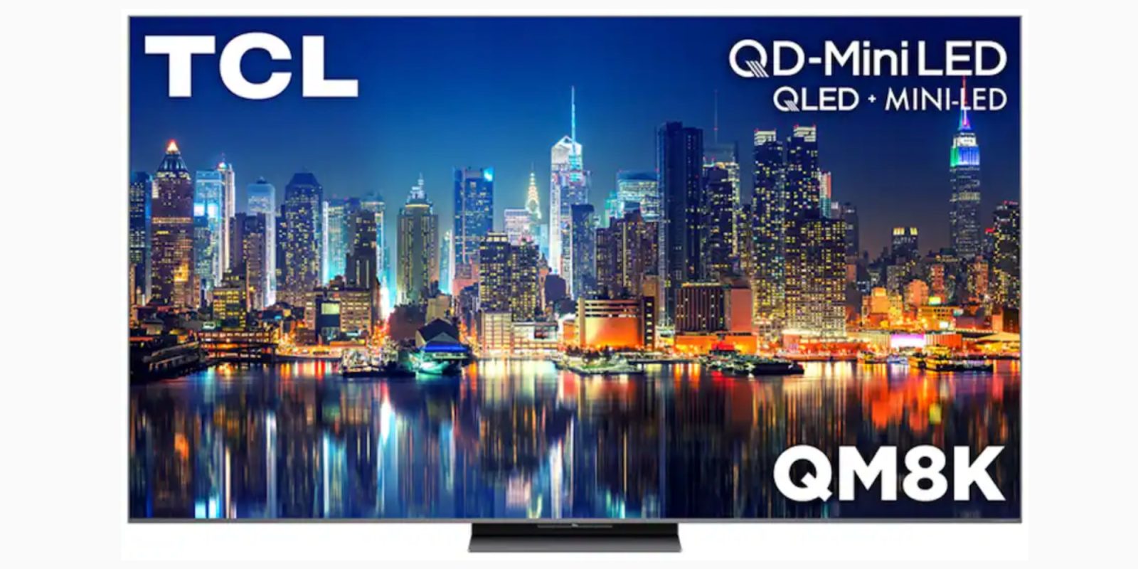 A tv screen with a city skyline