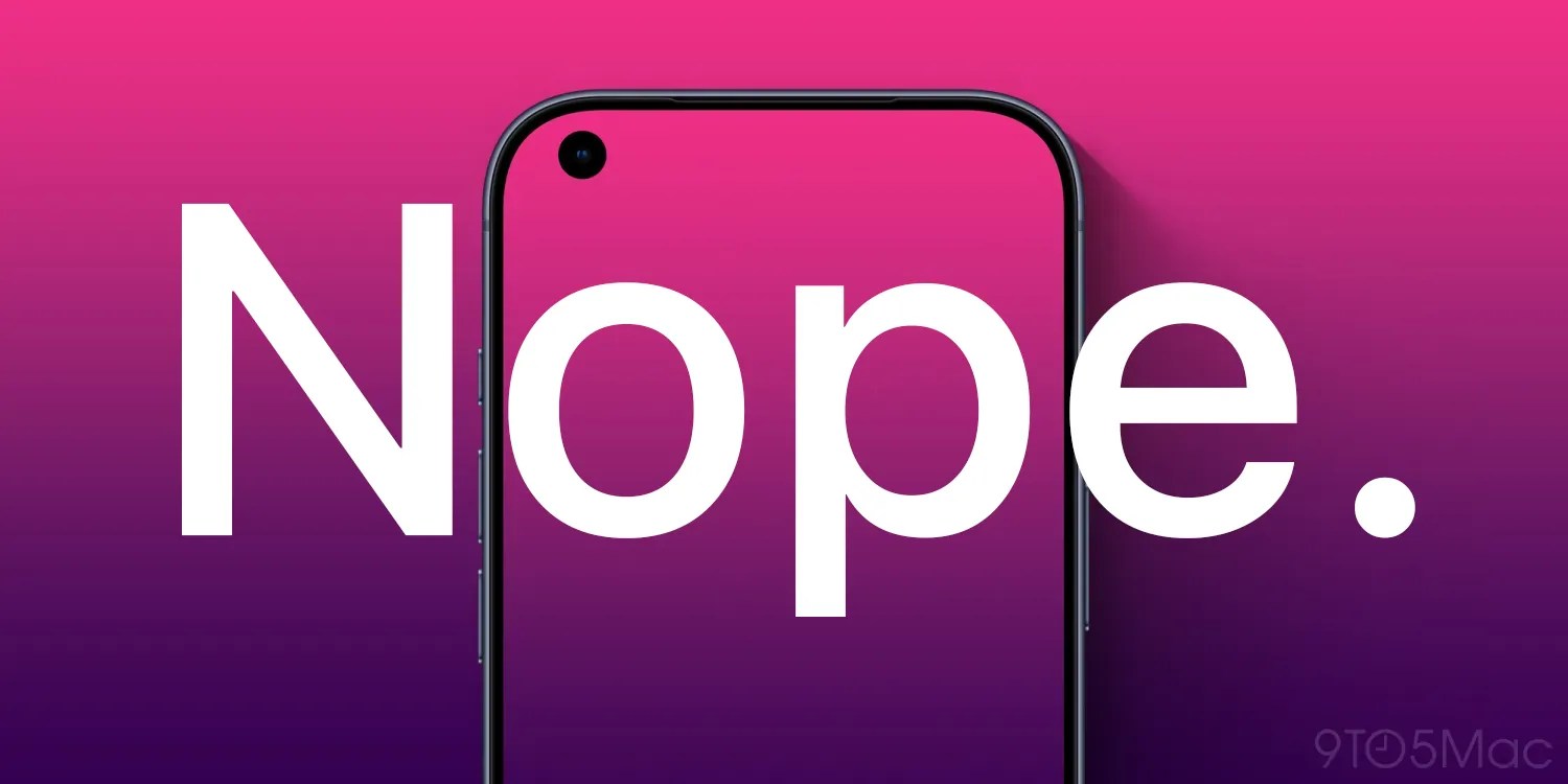 iPhone 18 Pro Dynamic Island confusion now appears to be resolved | Render showing selfie camera top left with a giant 'Nope' overlaid