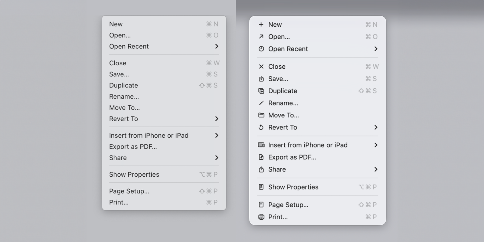 macOS Tahoe icons do exactly what Apple said designers should never do | Sequoia menu items left, Tahoe version right
