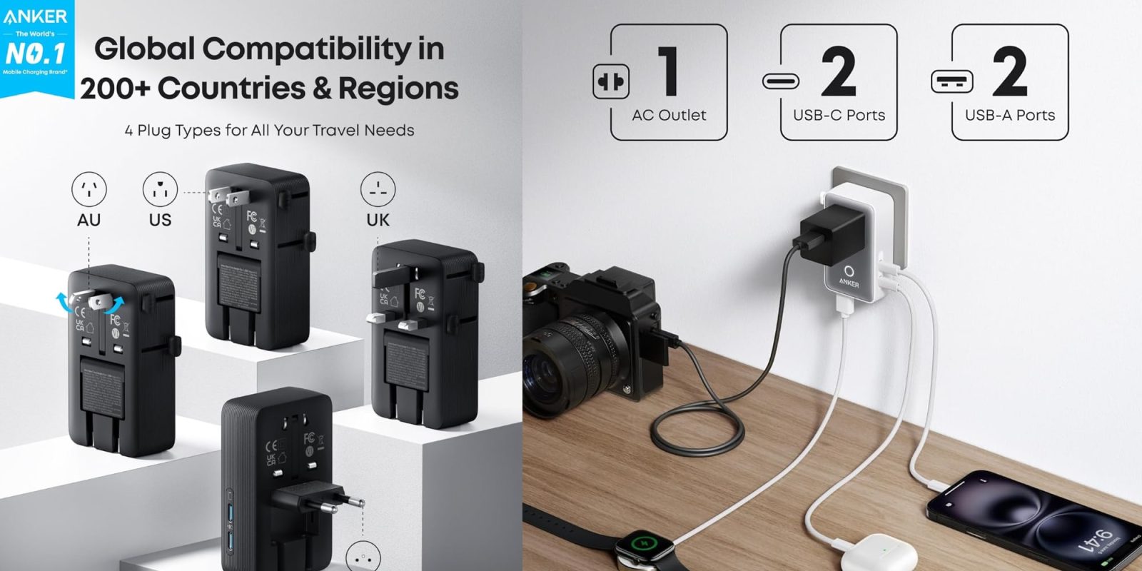 A collage of a camera and a charger