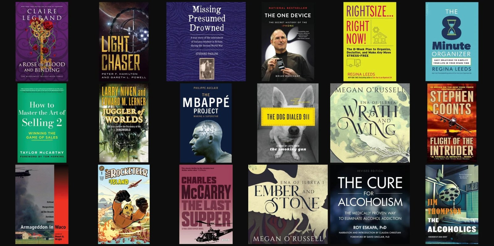 A collection of books with images of a man and a dog