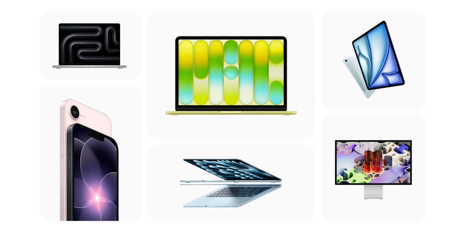 Apple highlights the seven new products available today | Product photos shown in a mosaic layout