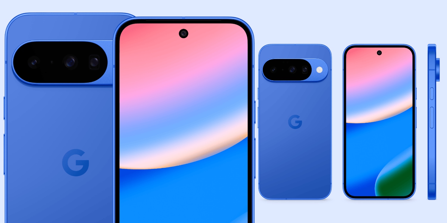 A blue cell phone with a pink and blue screen