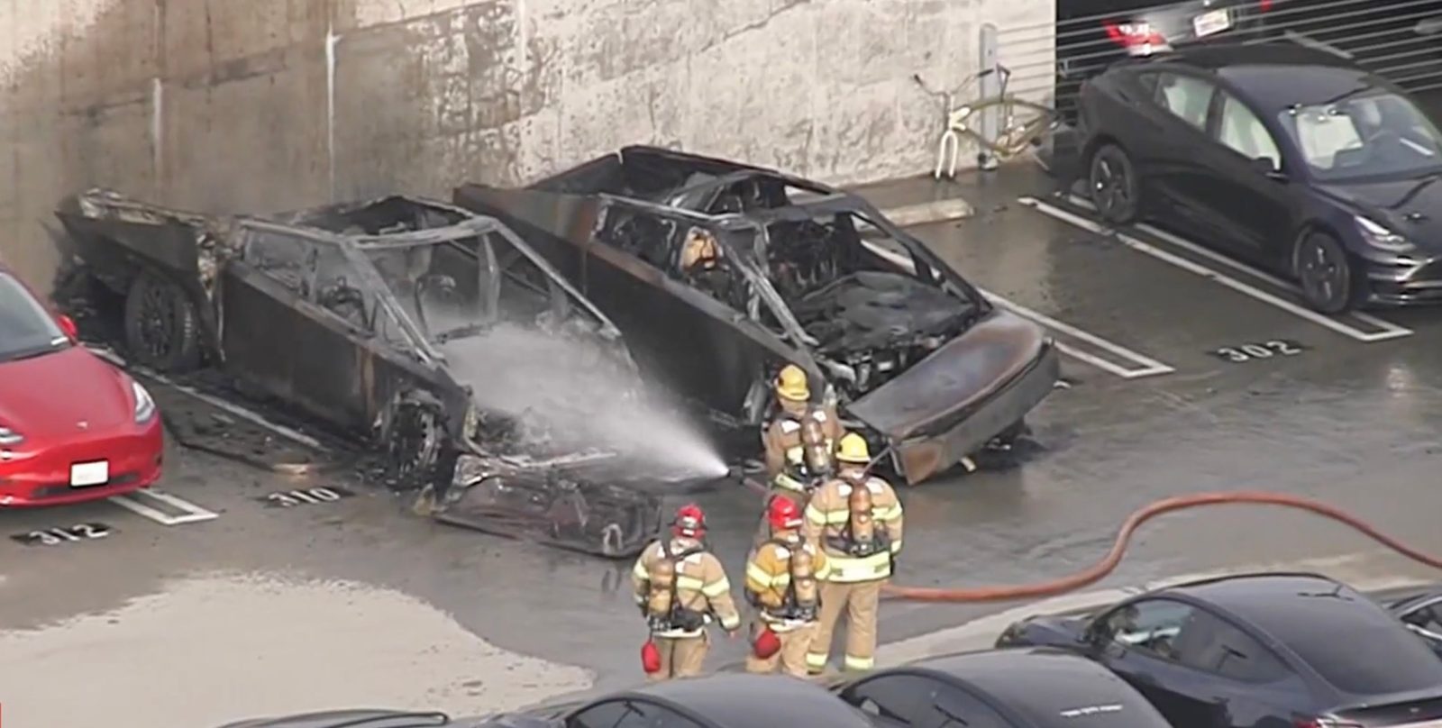 Tesla Cybertruck fire Santa Monica, image via NBC on Youtube