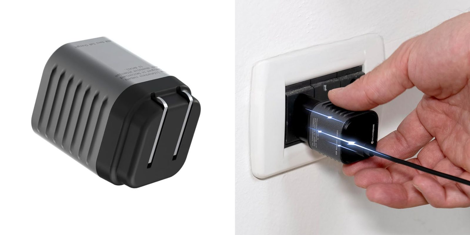 The Rolling Square Supertiny shown left in folded form, and right in a power socket