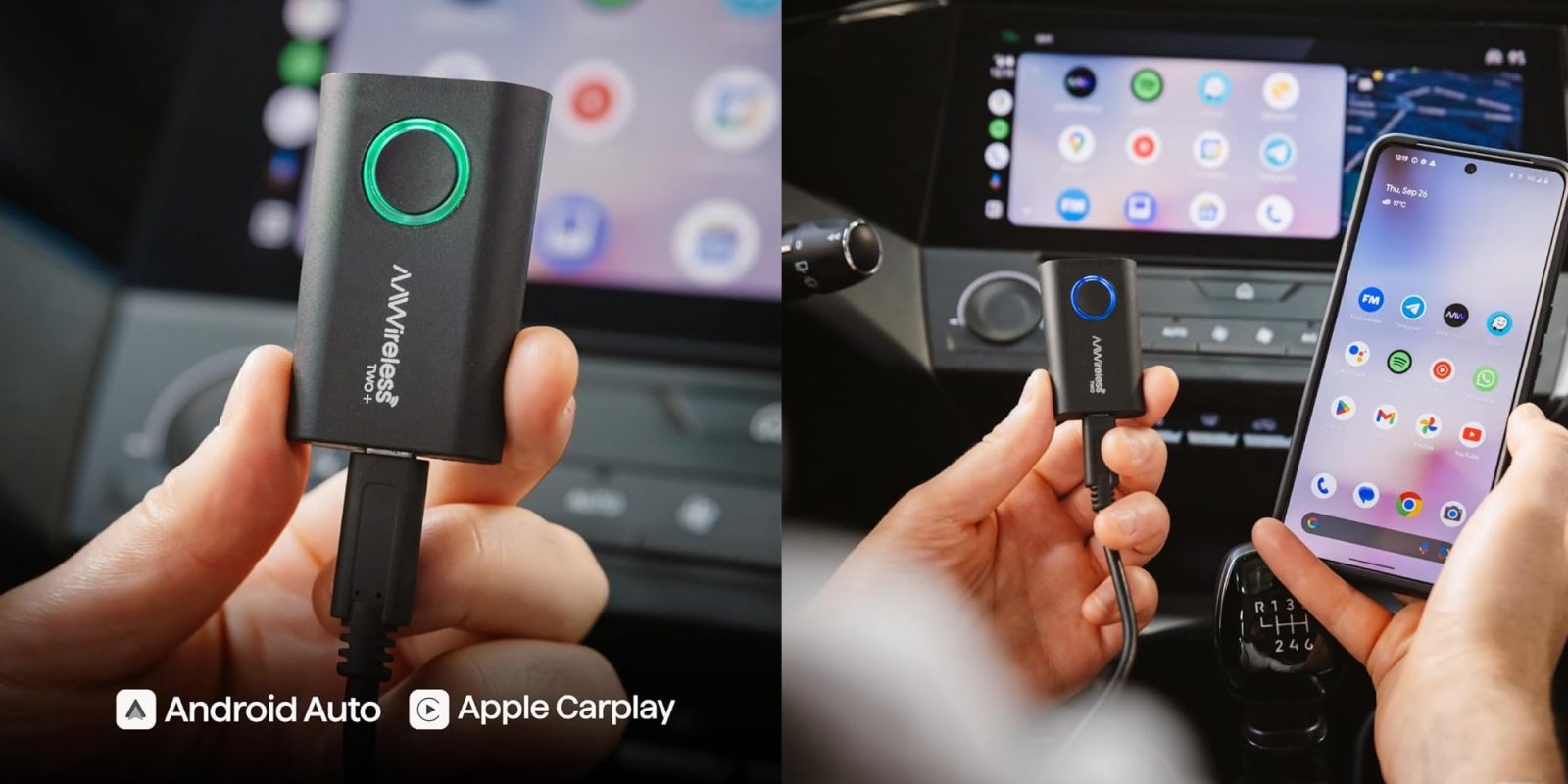 A person holding a device in front of a car