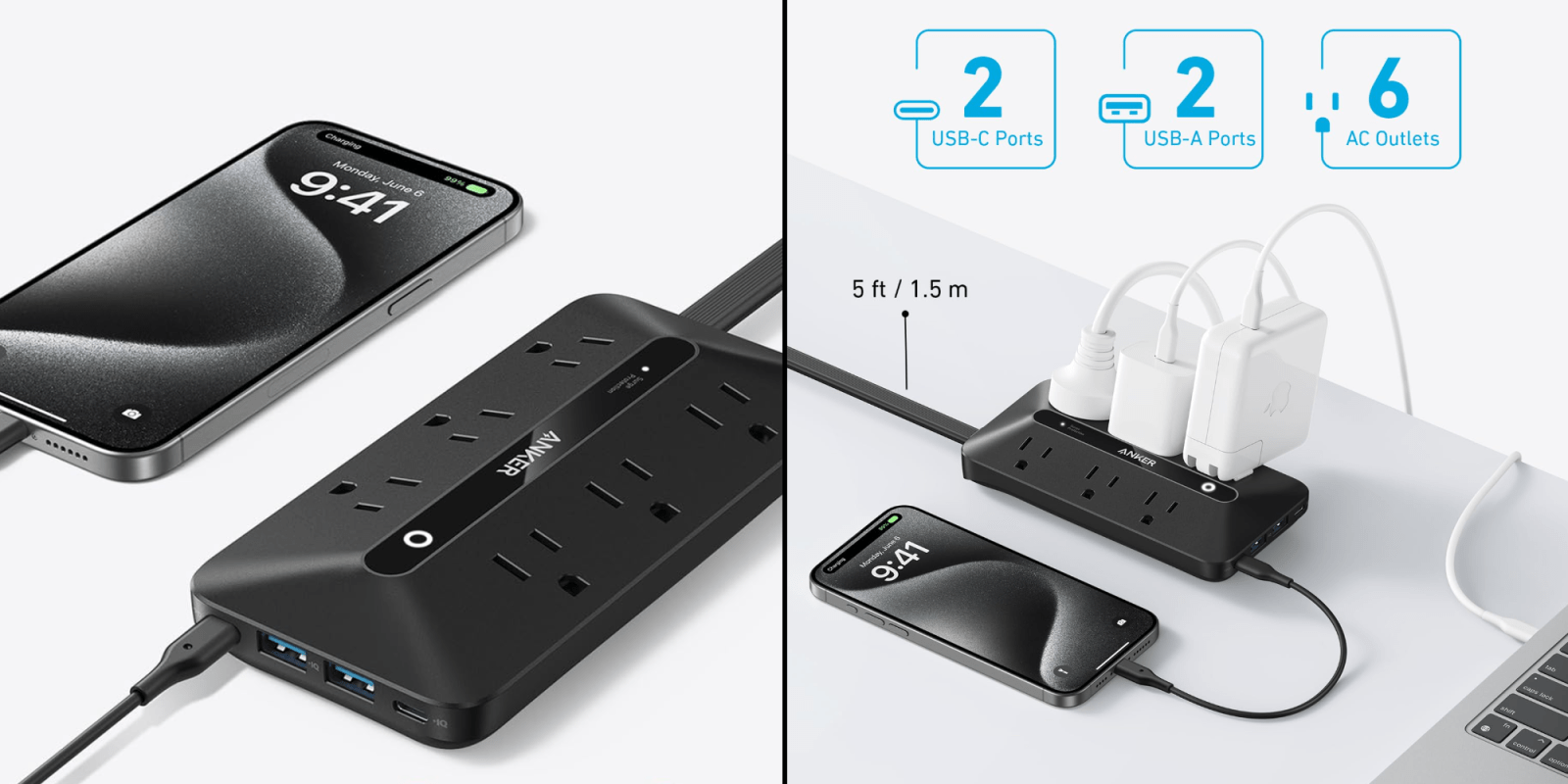 A black power strip with multiple outlets and a cell phone