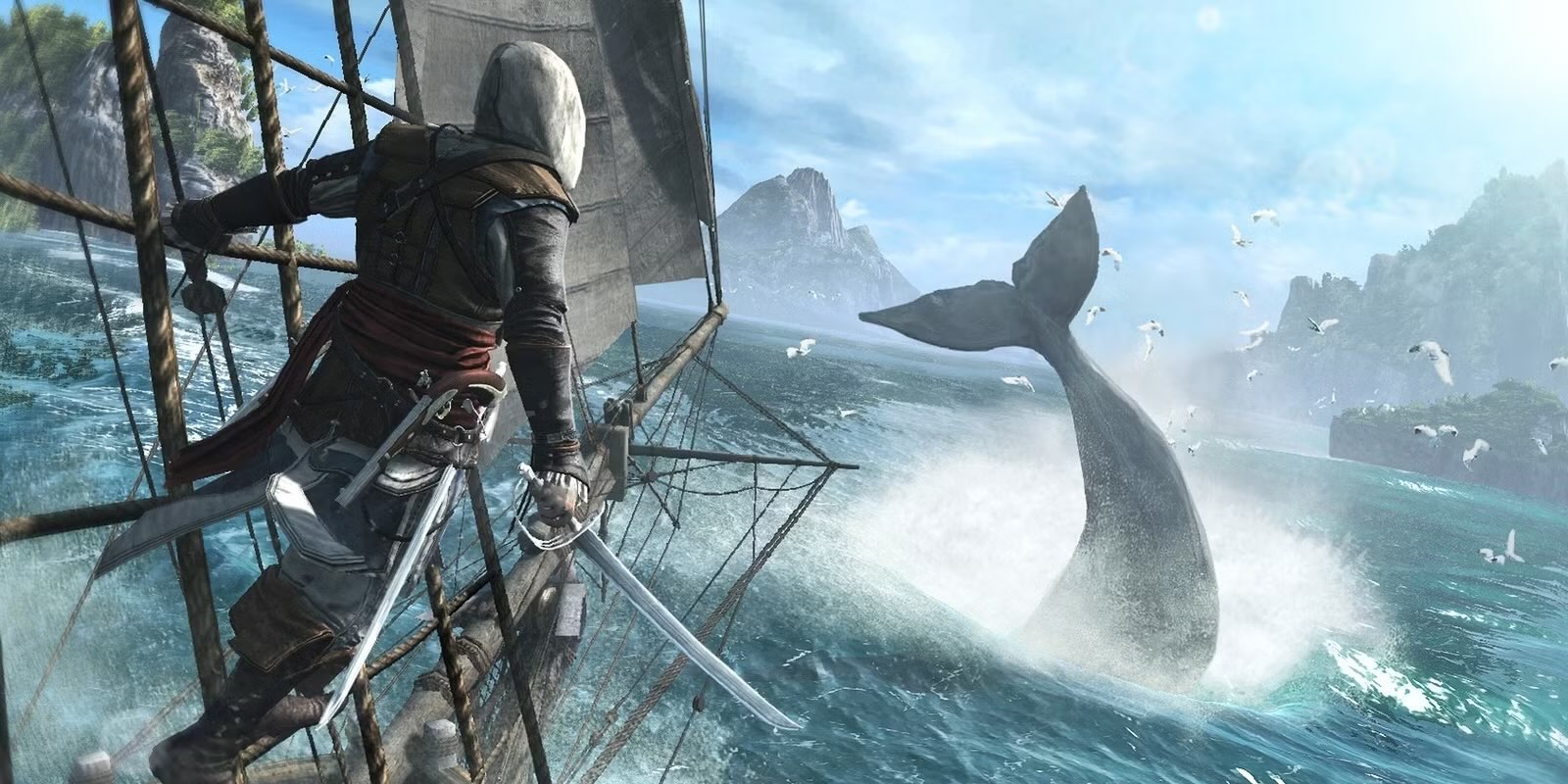 A video game screen capture of a whale in the ocean