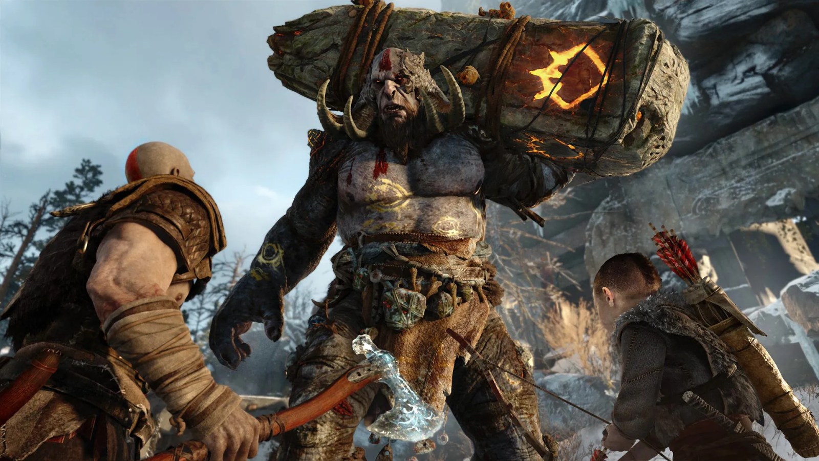 A video game of a man with a large backpack and two men in the snow