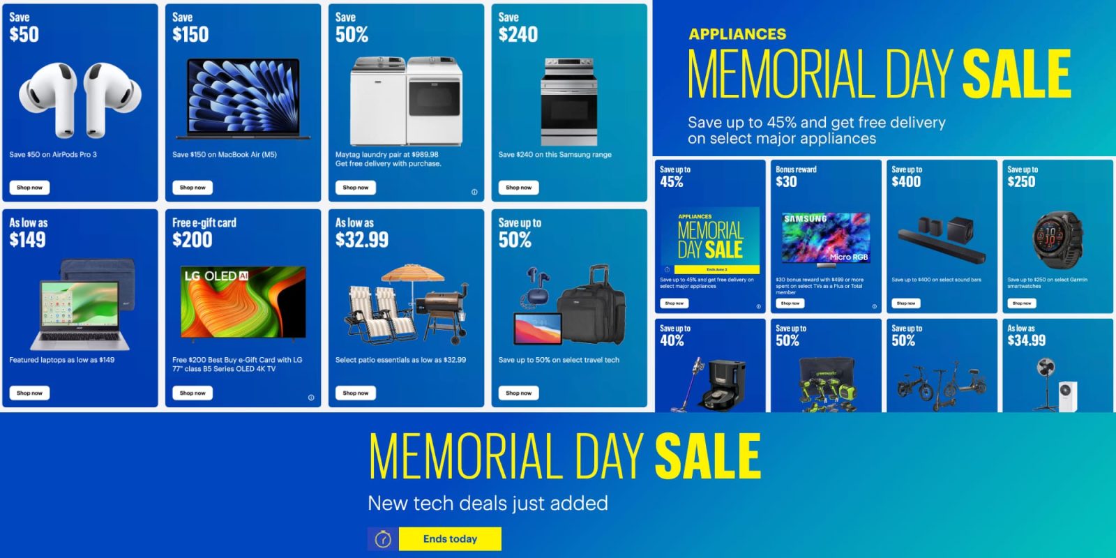 A blue advertisement with white text and images of electronics