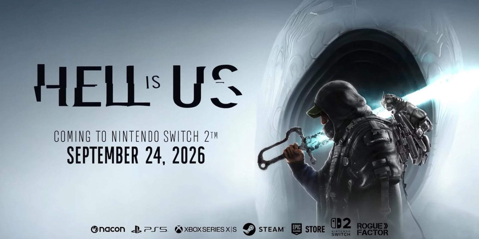 A video game advertisement with a person holding a weapon