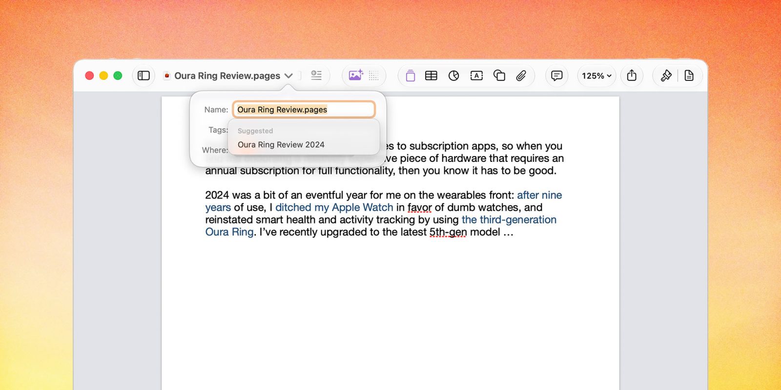 Apple's productivity apps have a small but useful AI enhancement in macOS 27 | Screenshot shows Apple's Pages apps suggesting a filename