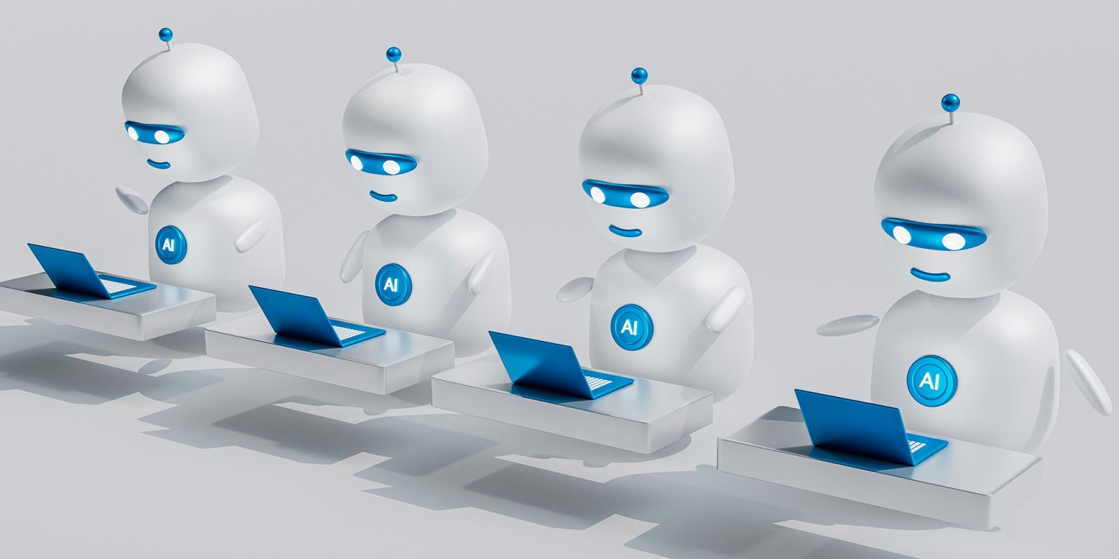 AI chatbots are now better than humans at romance scams – and that's scary | Image shows a row of AI robots using laptops