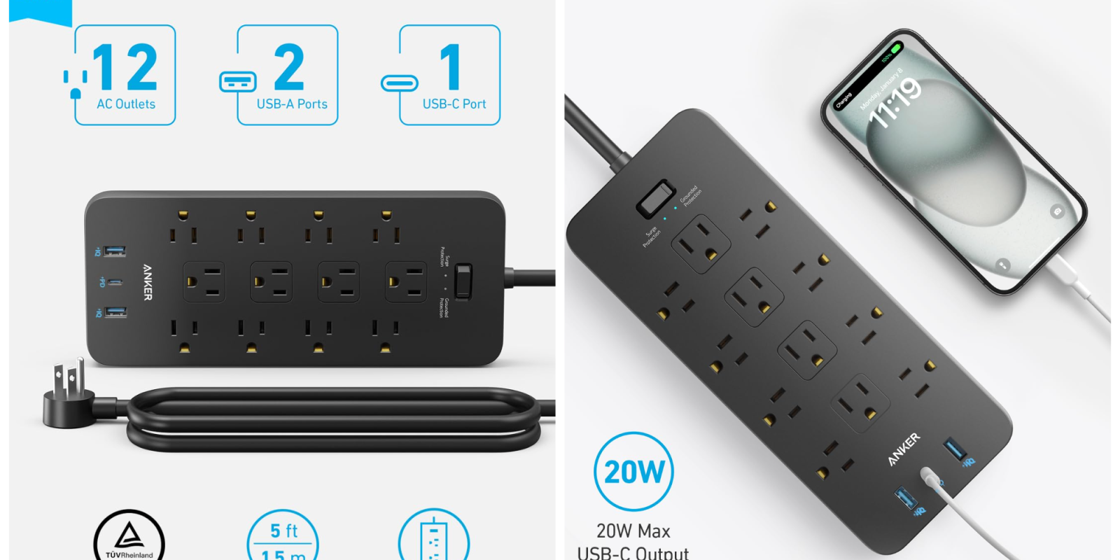 A black power strip with multiple outlets