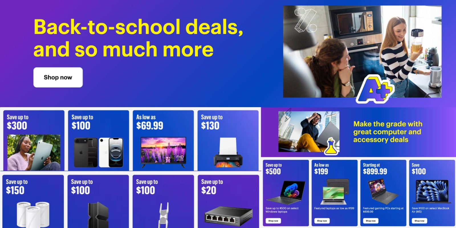 A blue and white advertisement with a couple of images of electronics