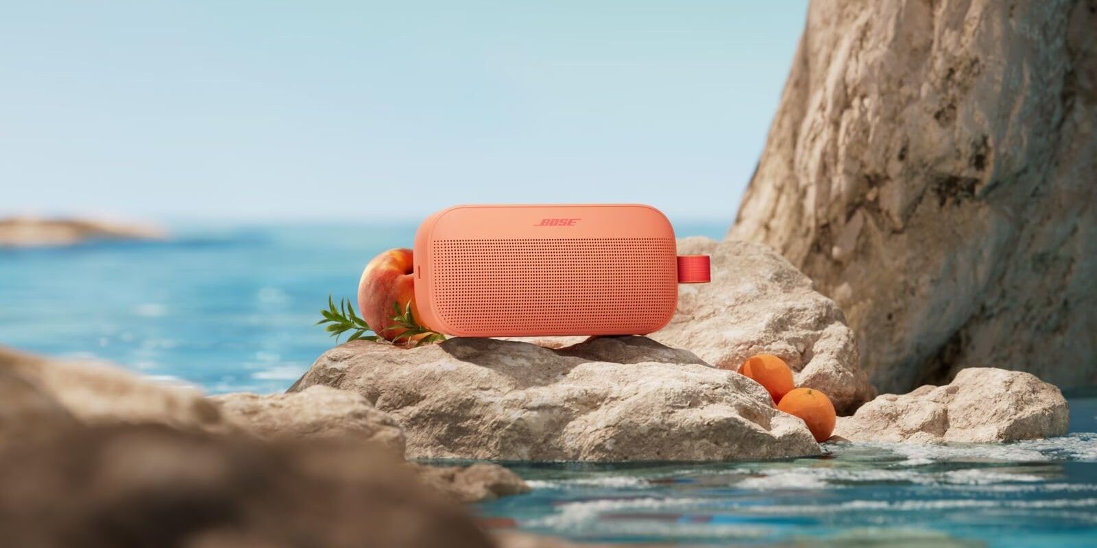 A speaker on a rock next to water