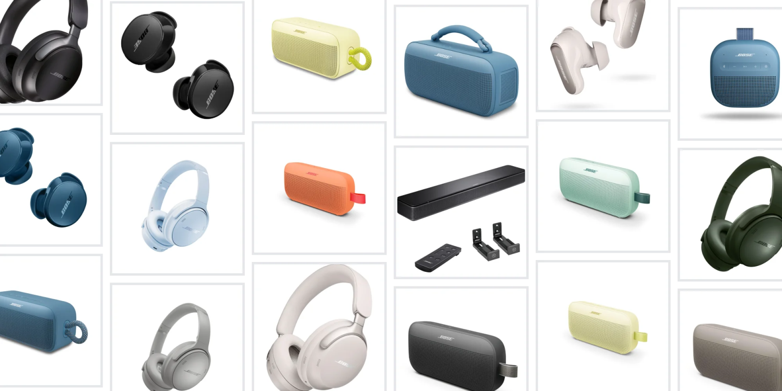 A collage of different colored speakers