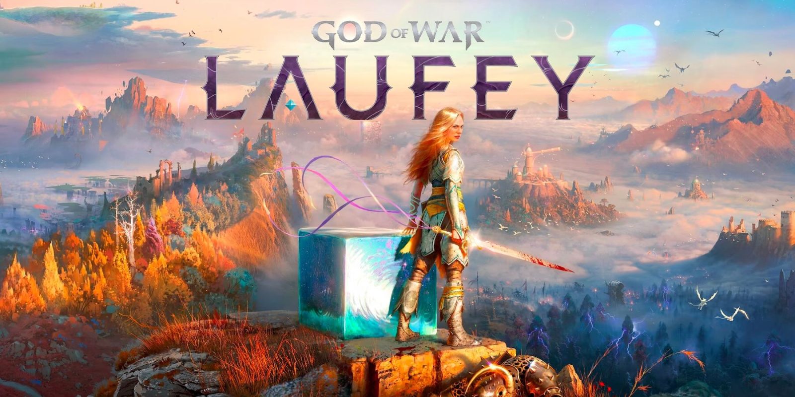 A woman in armor holding a sword on a rock