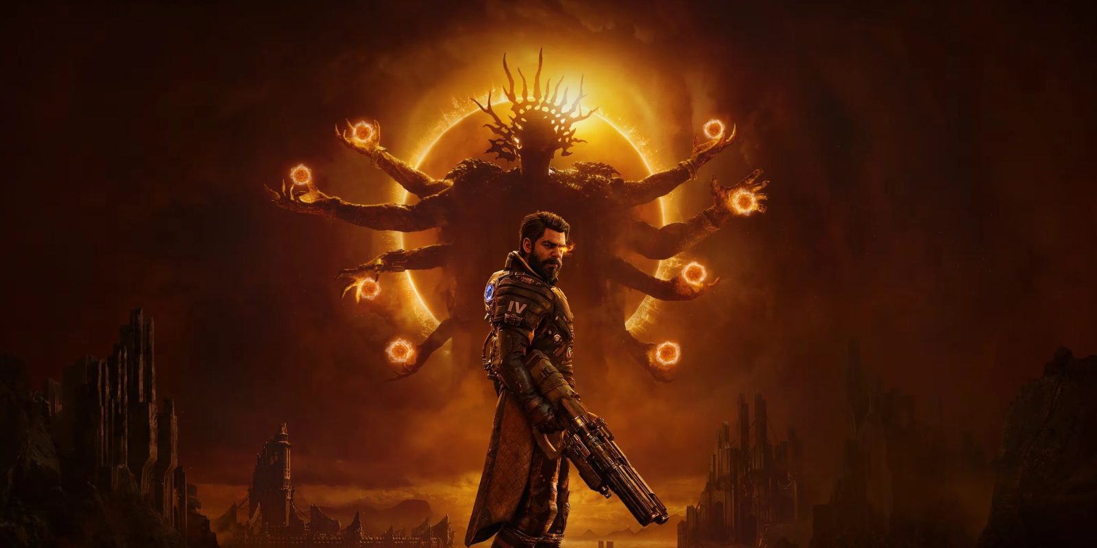 A man holding a gun and standing in front of a giant creature