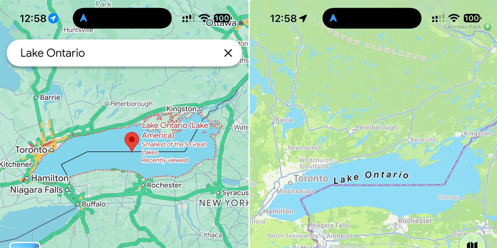 Apple Maps still shows Lake Ontario as Google Maps changes name | Graphic shows screen grabs of the two maps side by side