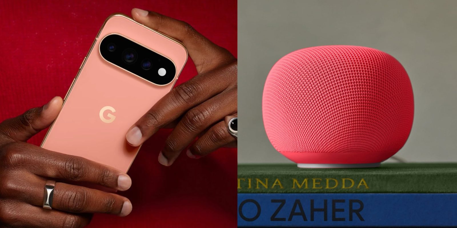 A hand holding a pink phone next to a pink speaker