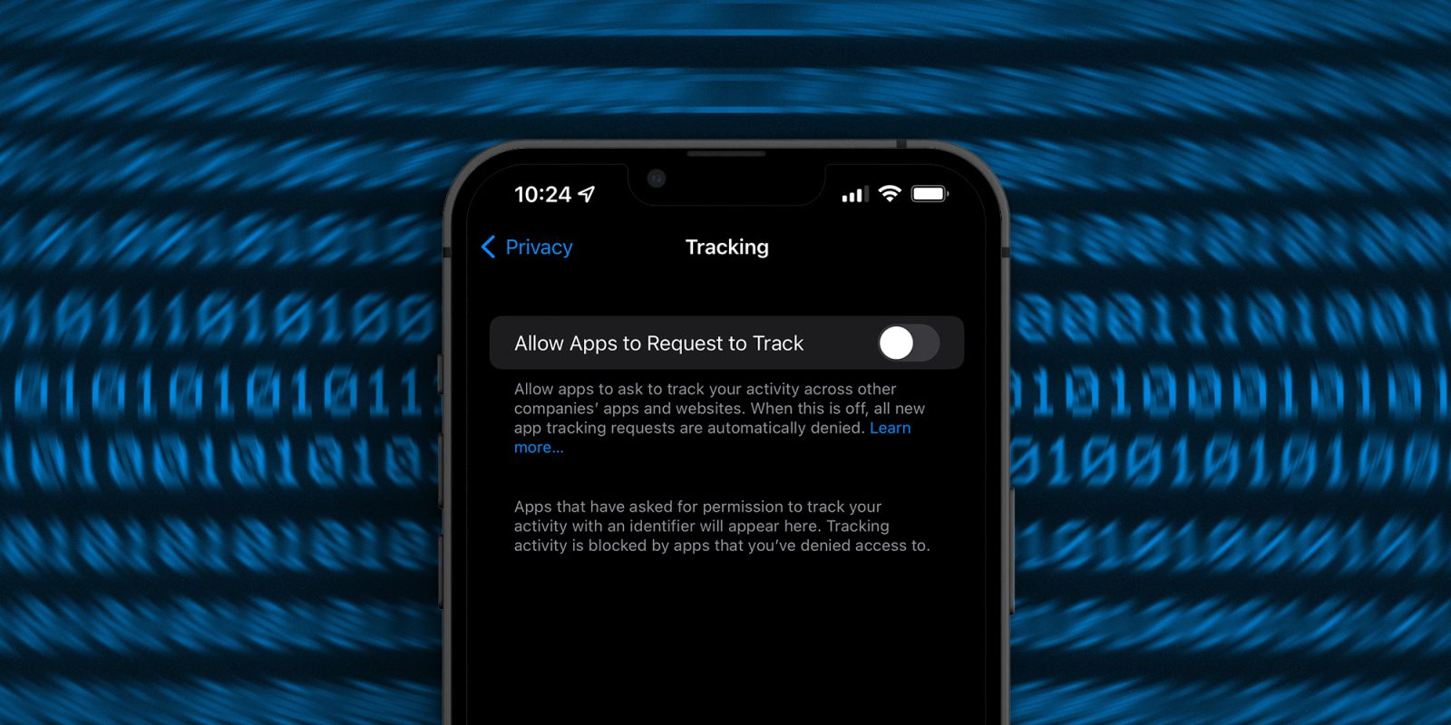 Apple will comply with 'fairer' App Tracking Transparency rules in the EU | A screen grab showing the ATT toggle against a background of ones and zeros
