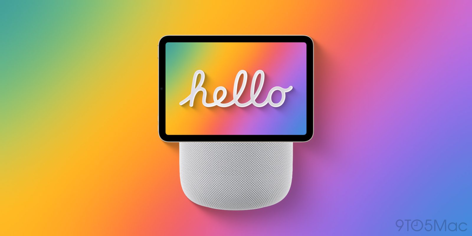 HomePad code suggests it'll act like a giant Apple Watch | Image shows a mock-up of the HomePod with rainbow-coloured wallpaper and background