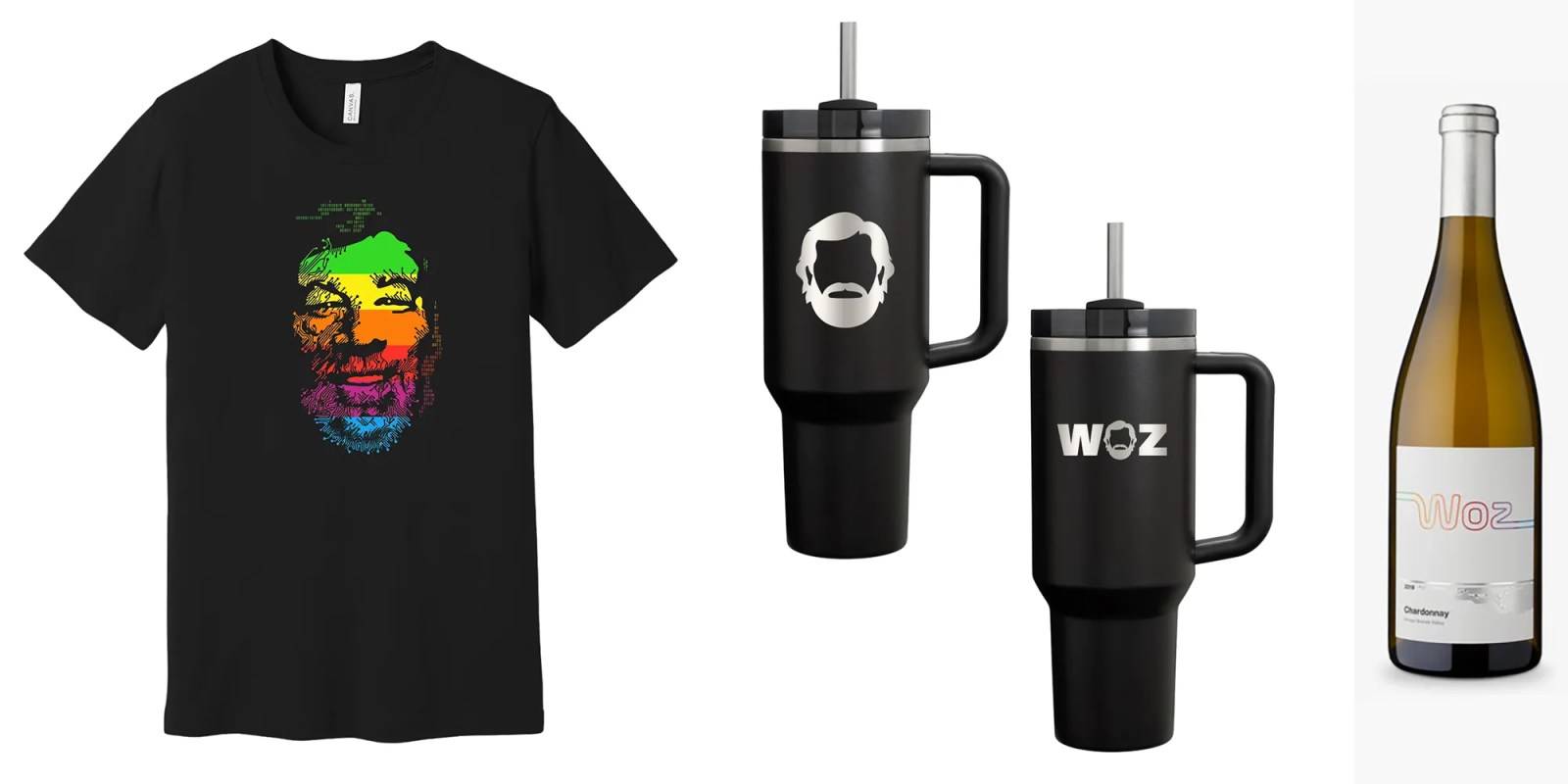 A Woz merch store is the most surprising launch this month | Photo shows branded T-shirt, travel mugs, and bottle of Chardonnay