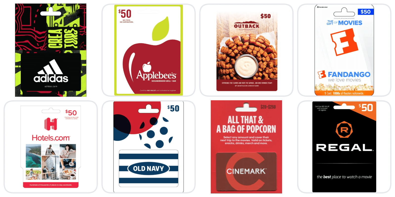 A group of gift cards
