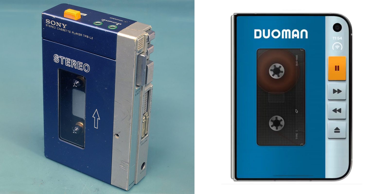 Duo-Man (right) turns your 2026 iPhone Duo into a 1980s Sony Walkman (left)