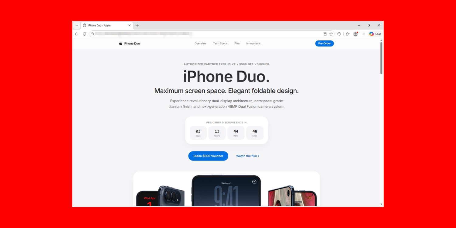 Fake iPhone Duo preorder page can steal crypto wallet data and more | Image shows a screen grab of the fake webpage