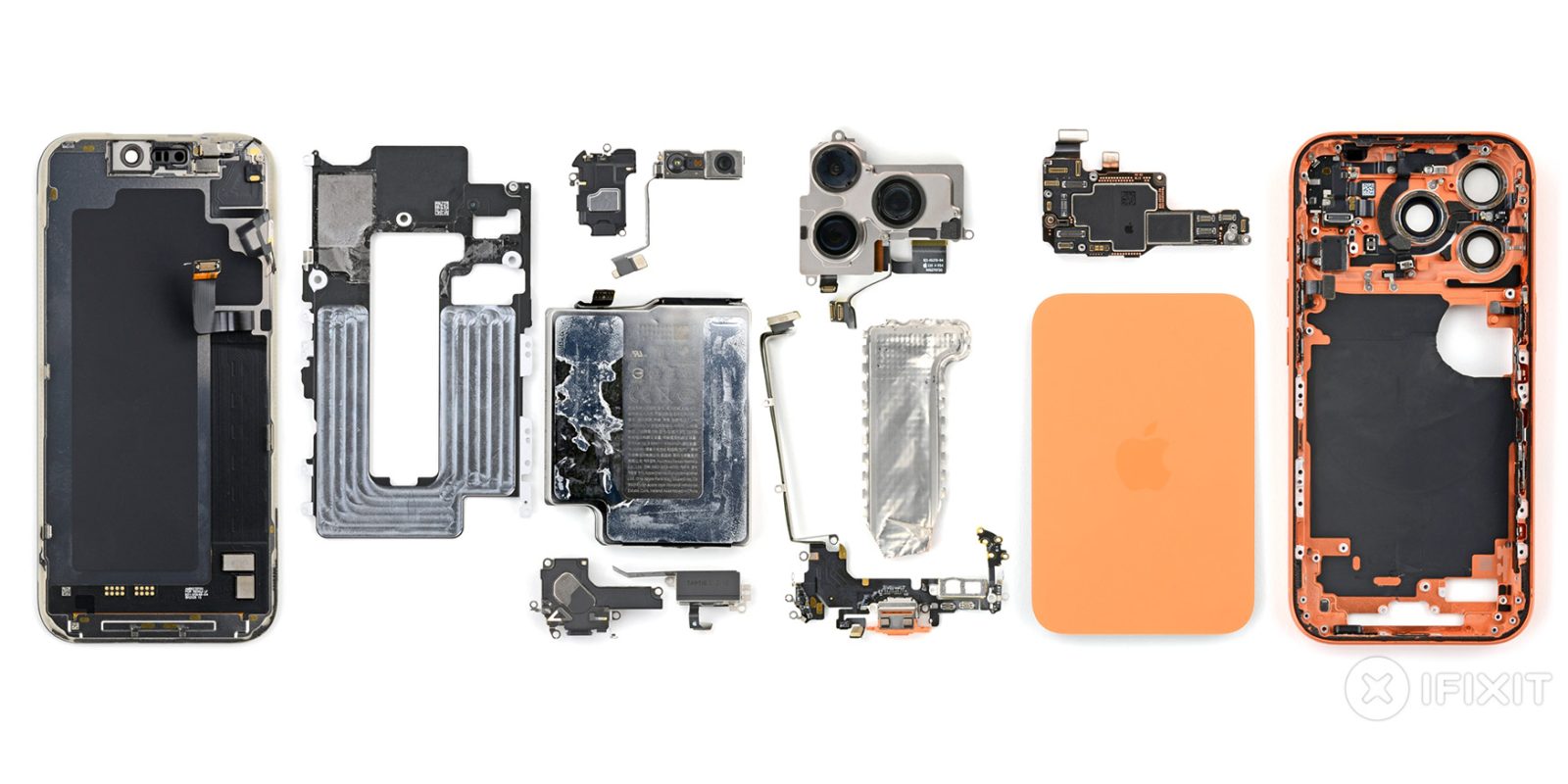 Some memory for Apple devices may be made in the US for the first time | Photo shows the components of the iPhone 17 Pro from an iFixit teardown