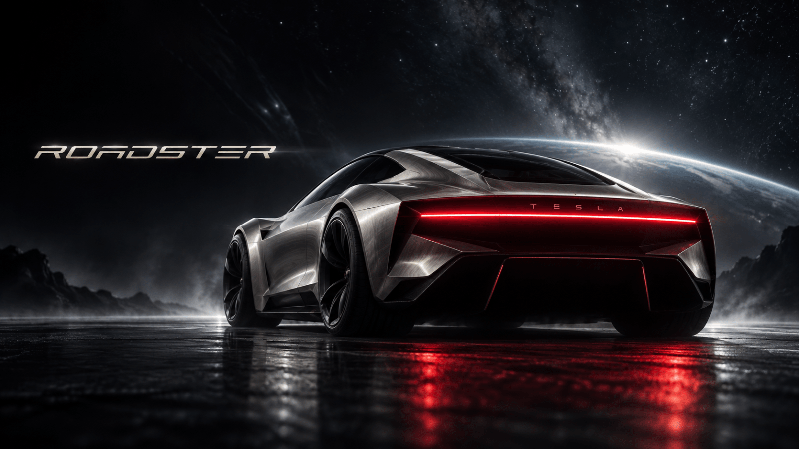 Concept render of a Cyber-style Tesla Roadster with Roadster badging, rear view