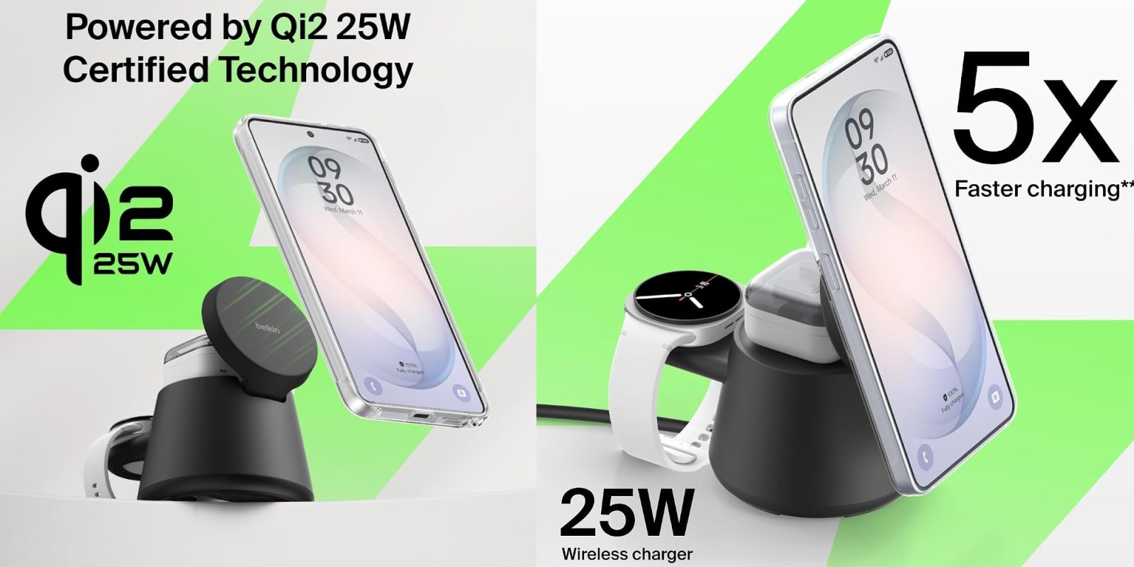 A phone and a watch charging on a charger