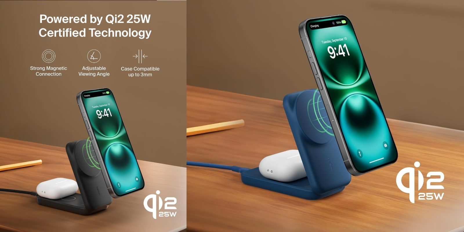 A cell phone charging on a wireless charger