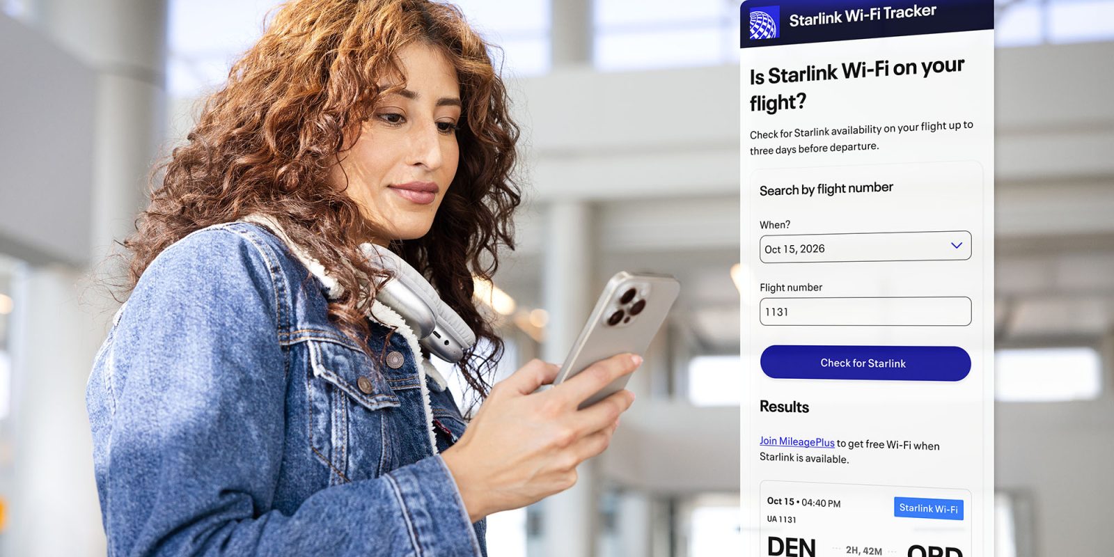 Half of United flights have Starlink Wi-Fi – here's how to check yours | Photo shows a woman using the tracker on her iPhone