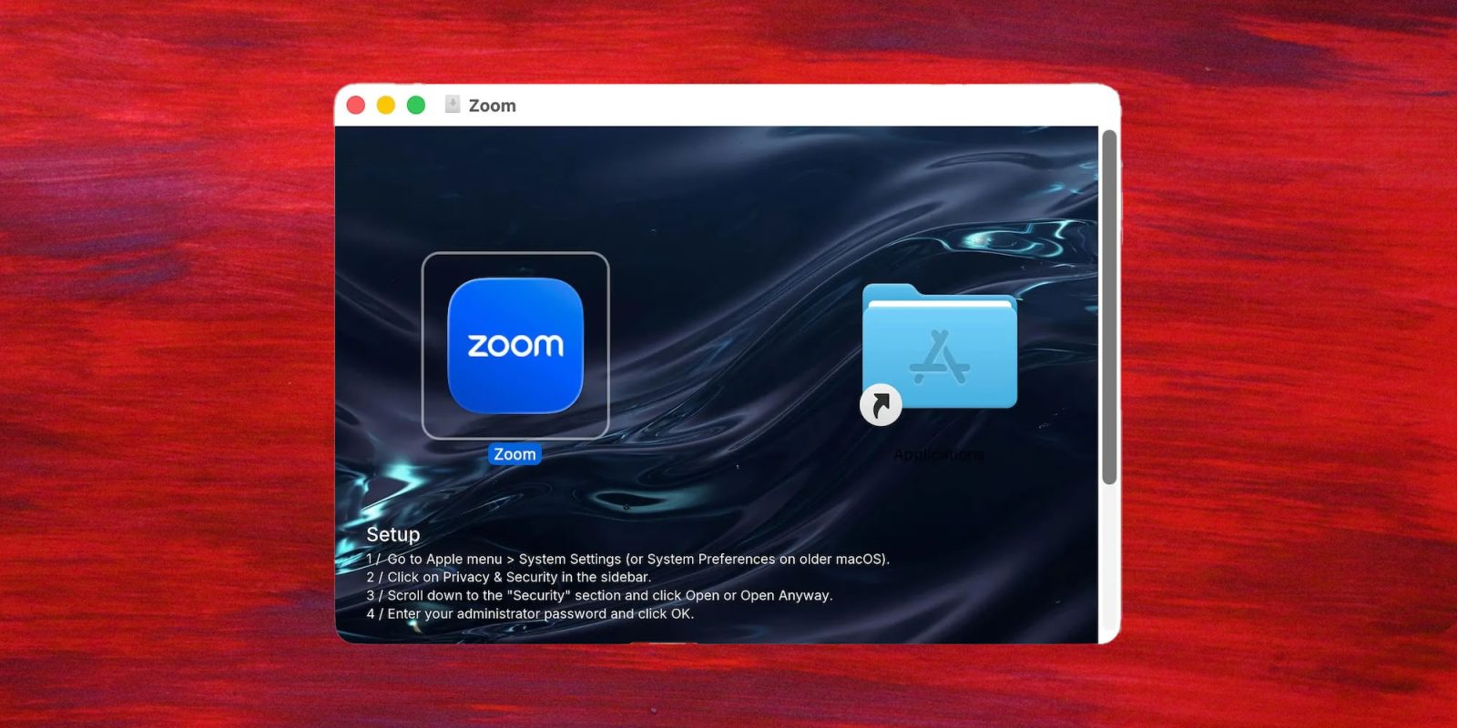 This fake Mac Zoom installer has a sneaky way to bypass Gatekeeper | Image shows the installation window against a dark red background