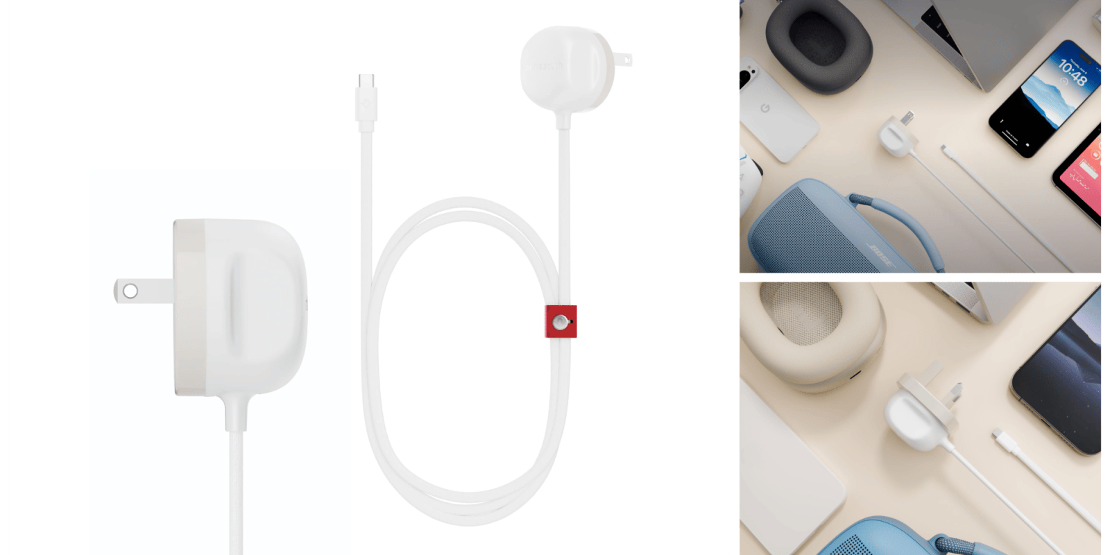 A collage of a white cable