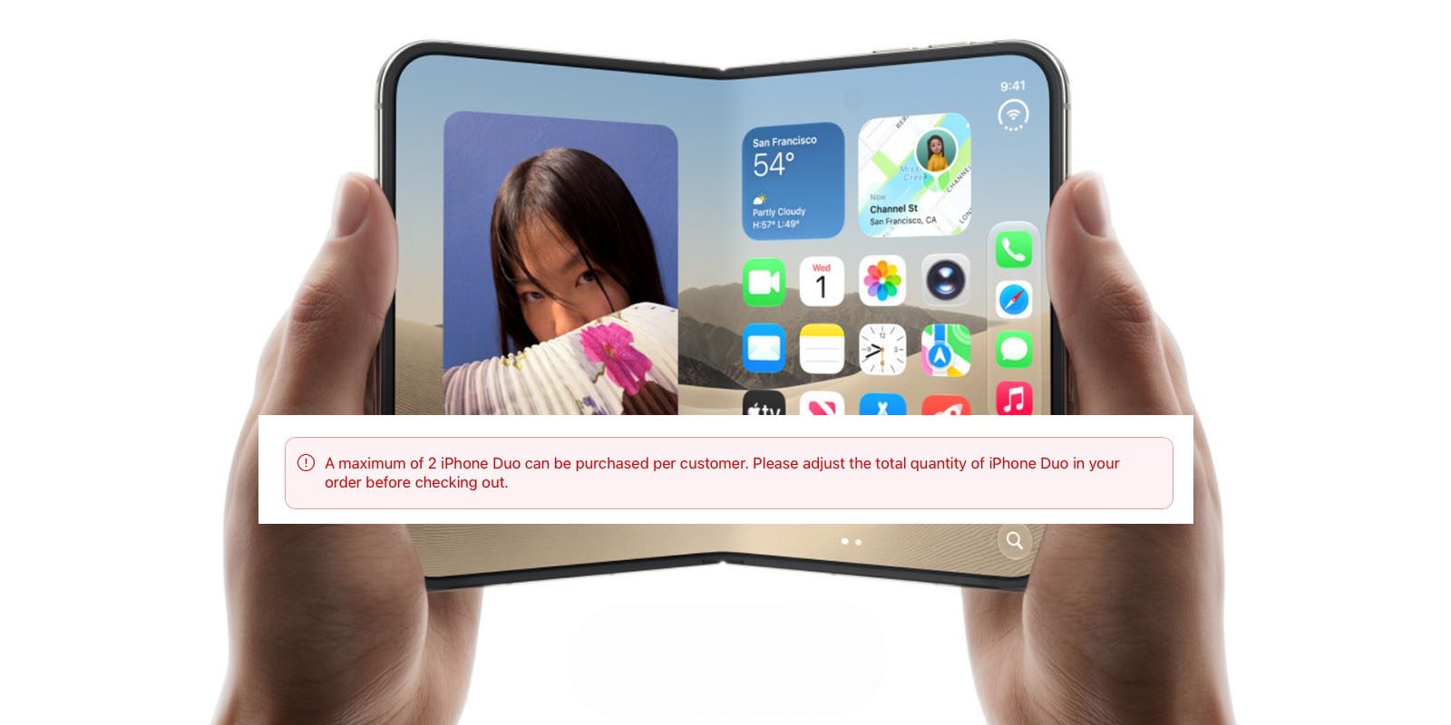 iPhone Duo orders limited to two per customer as Apple tackles scalping | Screen grab of the message overlaid on a photo of the iPhone Duo